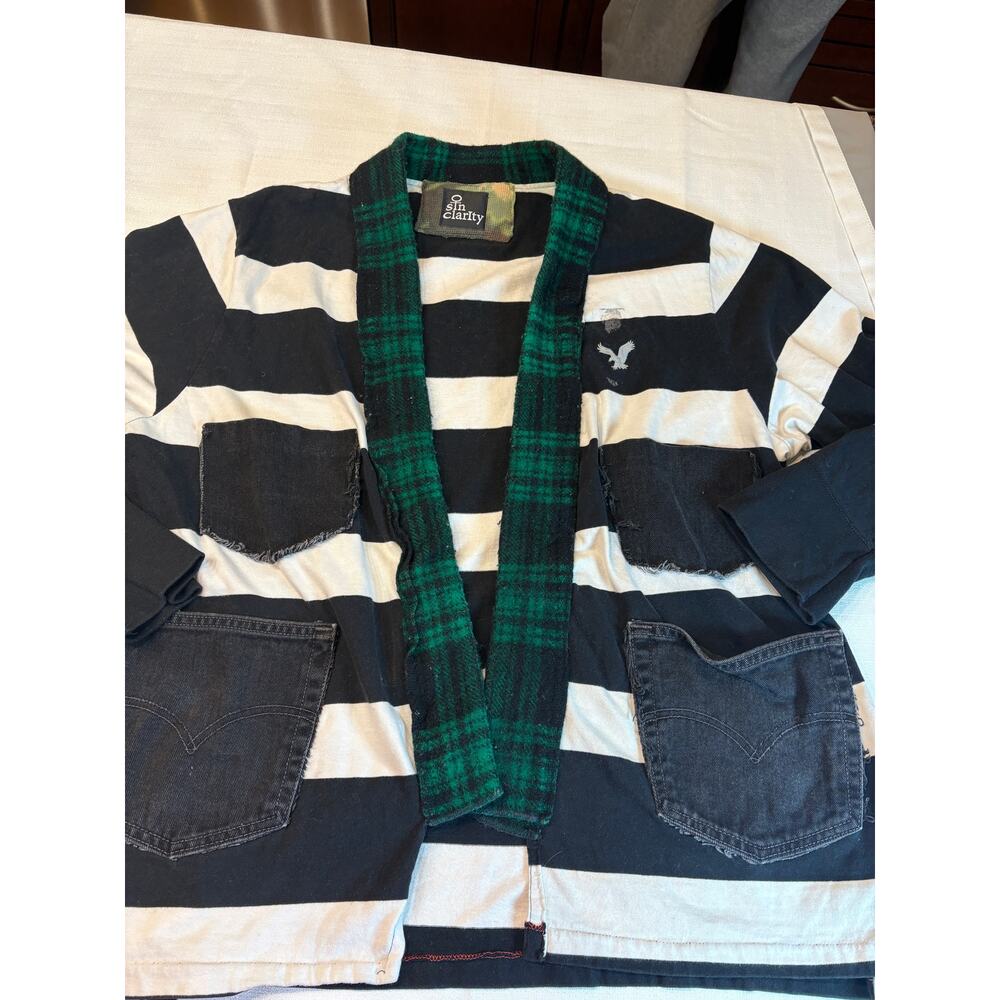 Sin Clarity Black & White Striped Shacket with Plaid Collar Upcycled - Picture 3 of 12